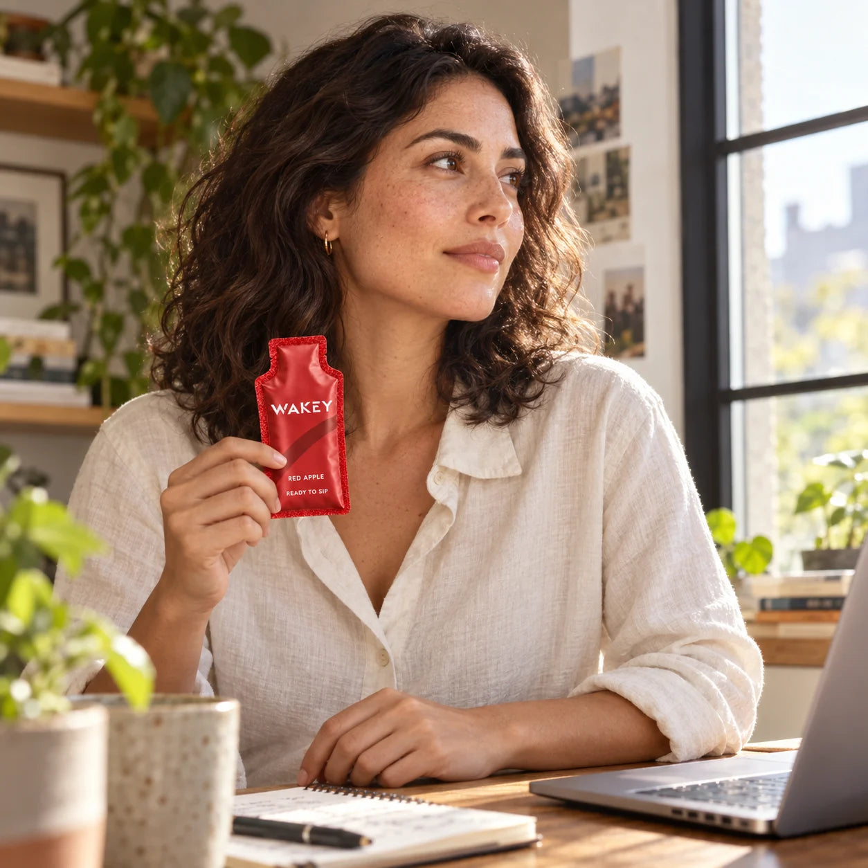 A woman holding a Wakey sachet beside her laptop